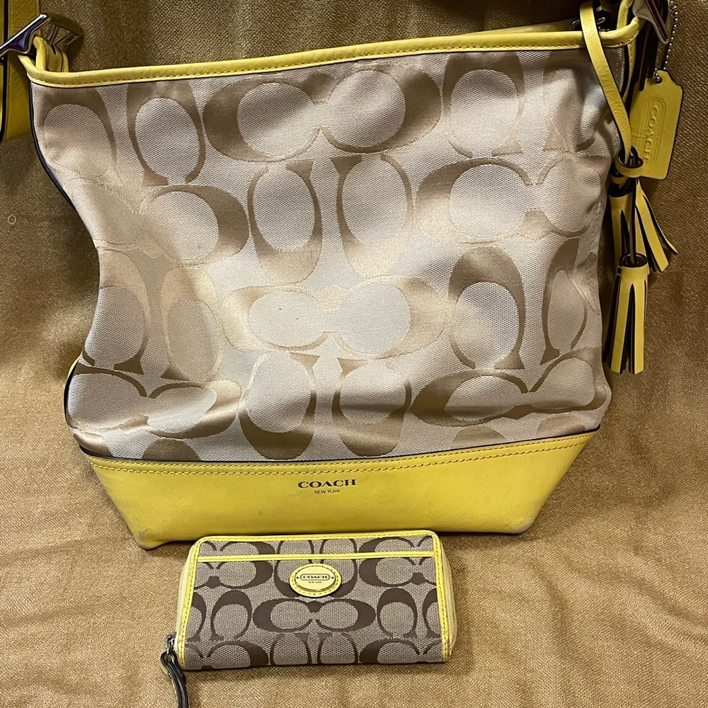 Spring time yellow medium/large size Coach shoulder purse, including wallet